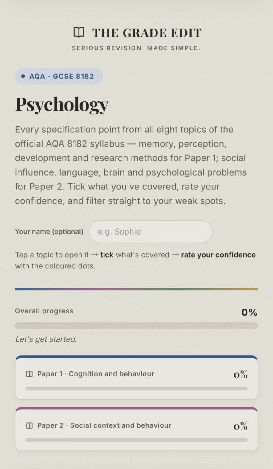 AQA GCSE Psychology Revision Tracker (8182)