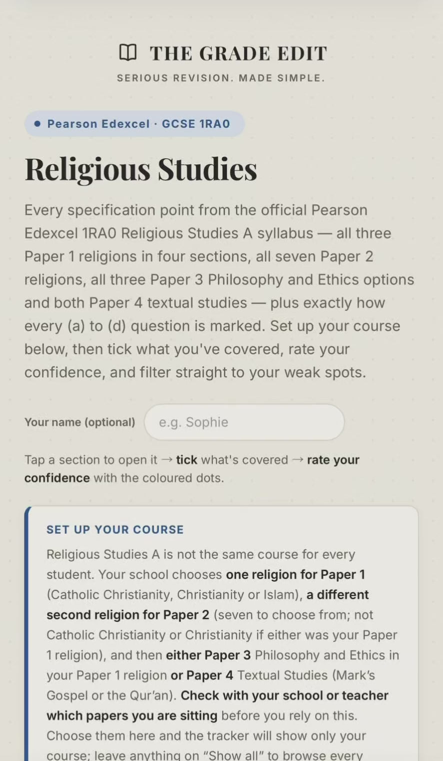 Edexcel GCSE Religious Studies A Revision Tracker (1RA0)