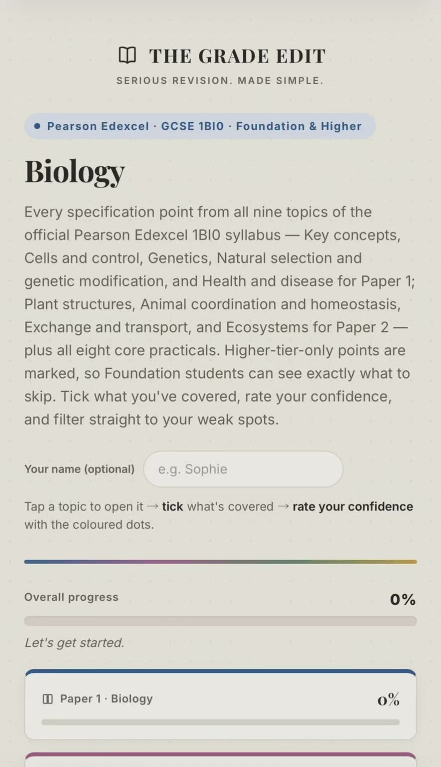 Edexcel GCSE Biology Revision Tracker (1BI0)