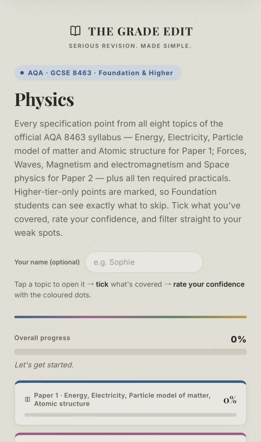 AQA GCSE Physics Revision Tracker (8463)