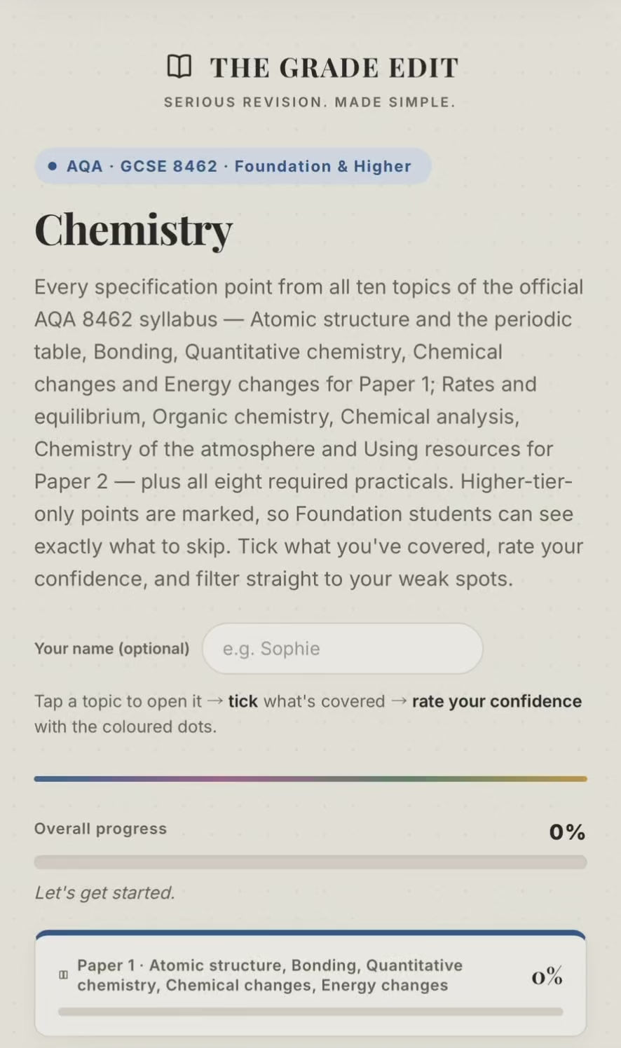 AQA GCSE Chemistry Revision Tracker (8462)