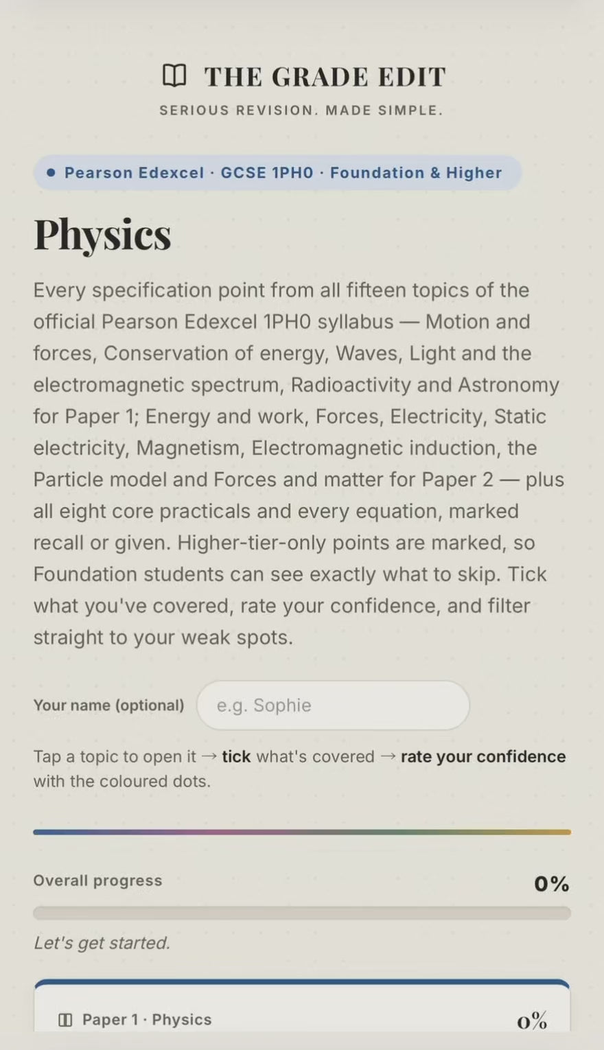 Edexcel GCSE Physics Revision Tracker (1PH0)