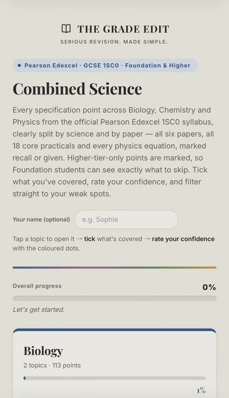 Edexcel GCSE Combined Science Revision Tracker (1SC0)